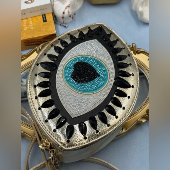 🆕 BETSEY JOHNSON 🧿 NWOT Eyes Have It, Gold Evil Eye Bead Crossbody Bag *FLAW* - Picture 9 of 16
